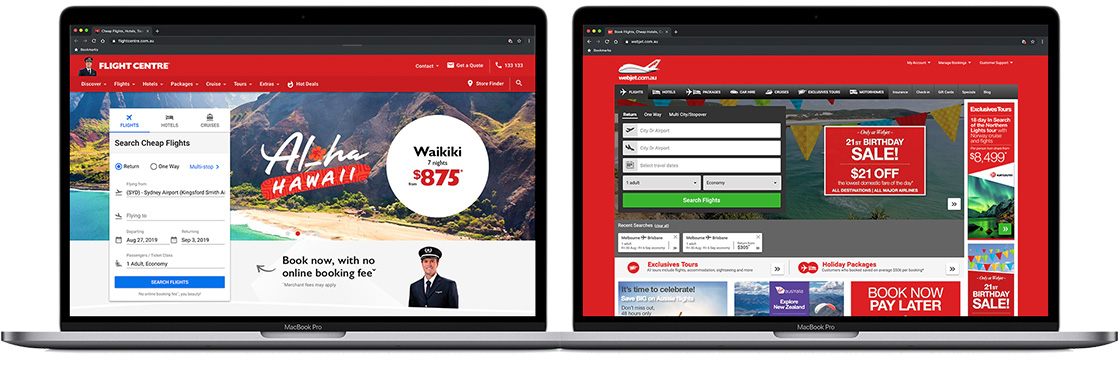 Image of Flight Centre vs Webjet Homepage